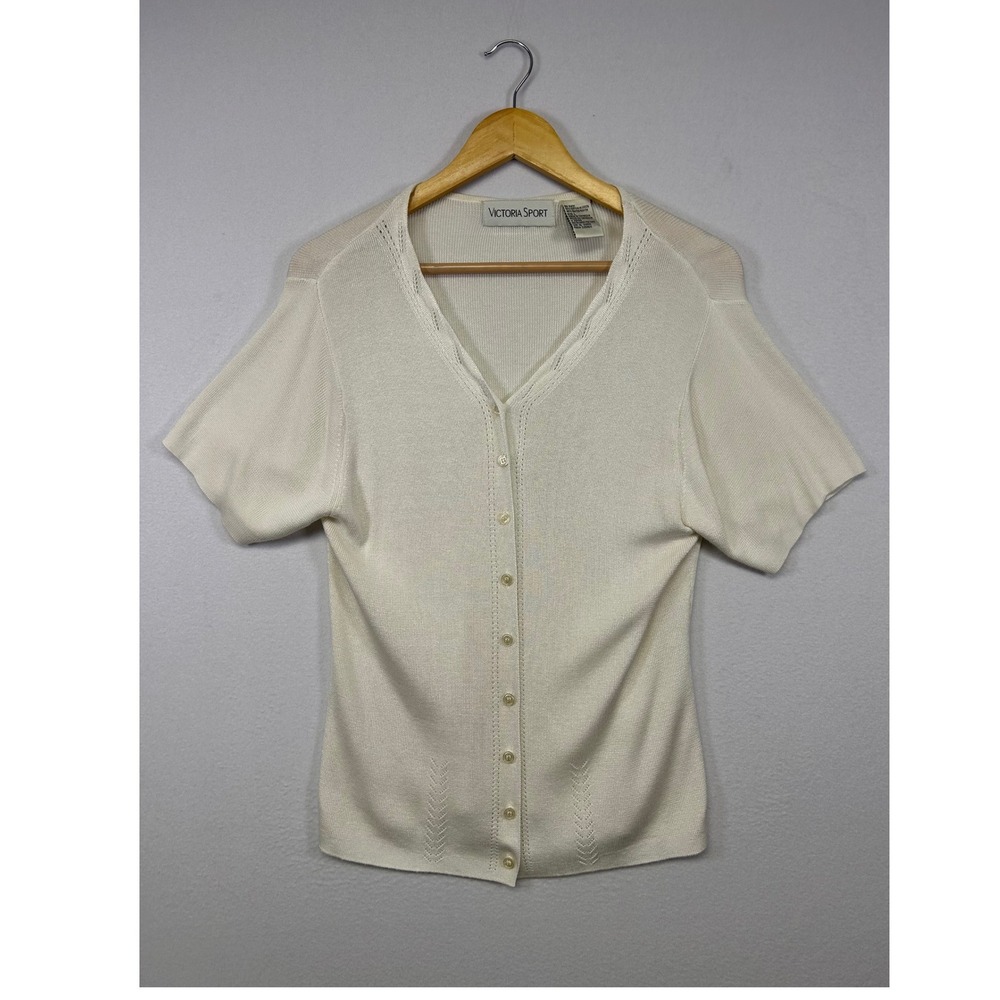 Coquette 90s Victoria Sport Womens LG Cream Short Sleeve Pointelle Cardigan Top